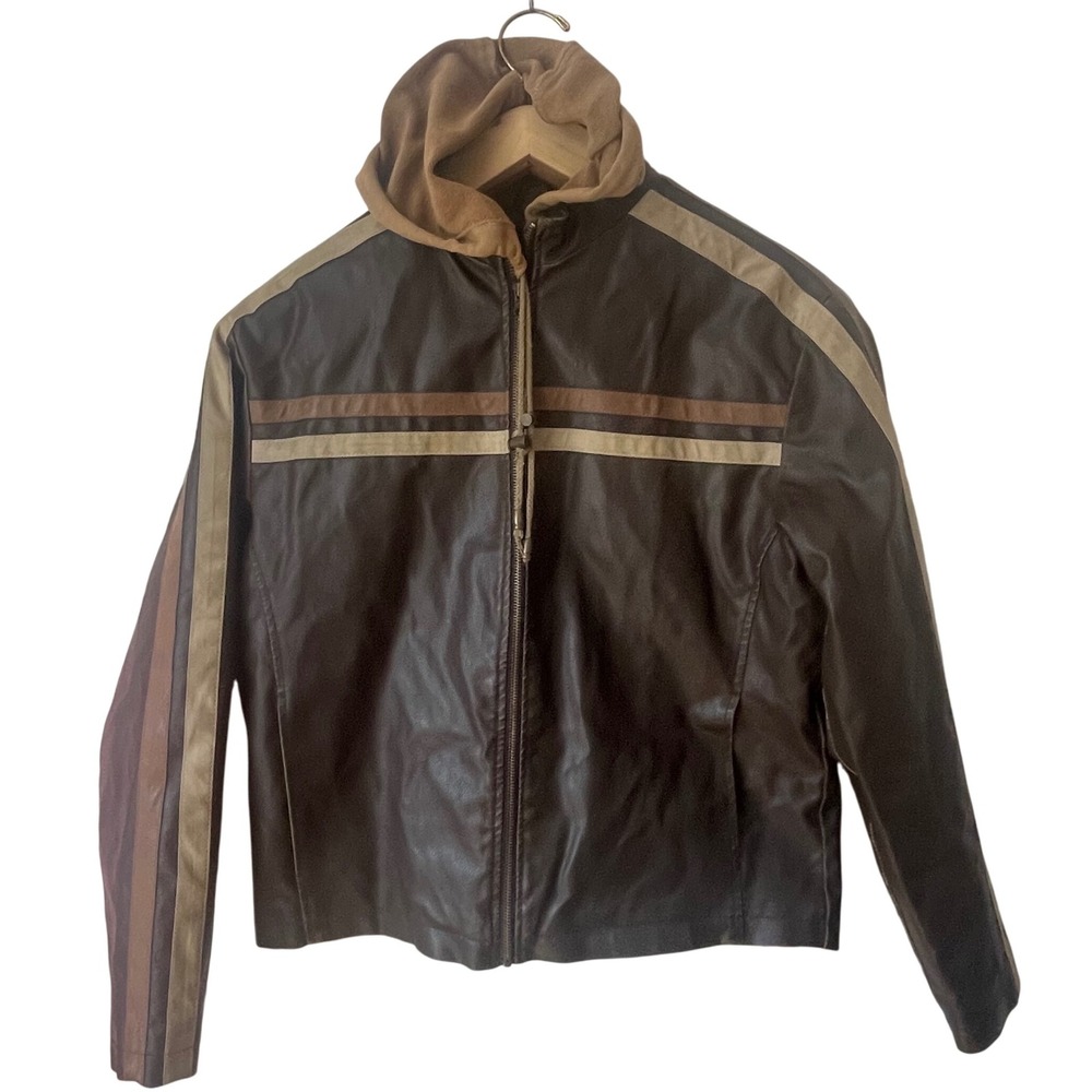 Austin Faux Leather Hooded Jacket Brown Racing Stripe Moto Y2K Indie Sleaze L